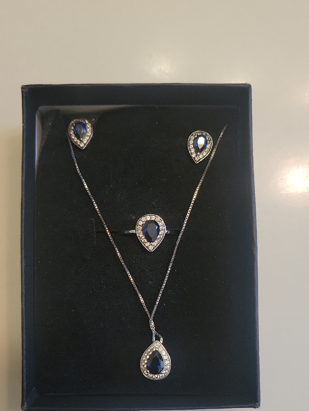 Teardrop Blue Crystal Necklace, Ring & Earring Set - Silver Tone